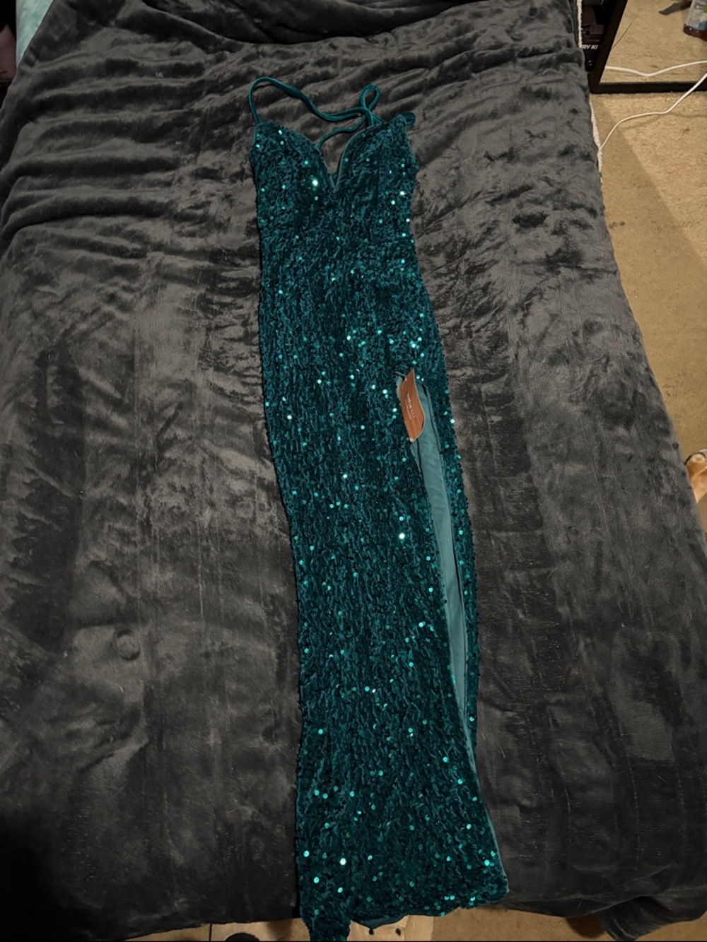 SHEIN Teal Sequin Spaghetti Strap Prom Dress with Side Slit